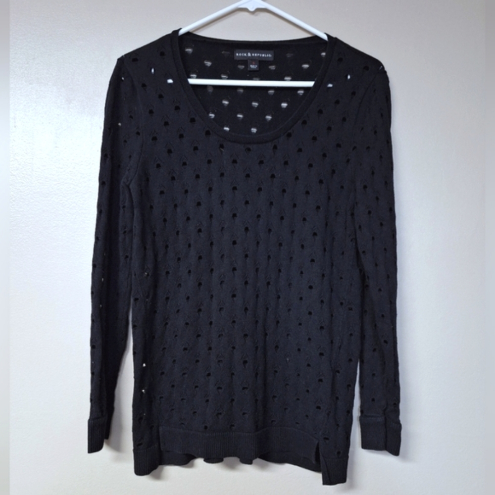 Rock & Republic Womens Black Geometric Open Knit Layering Sweater Goth Punk